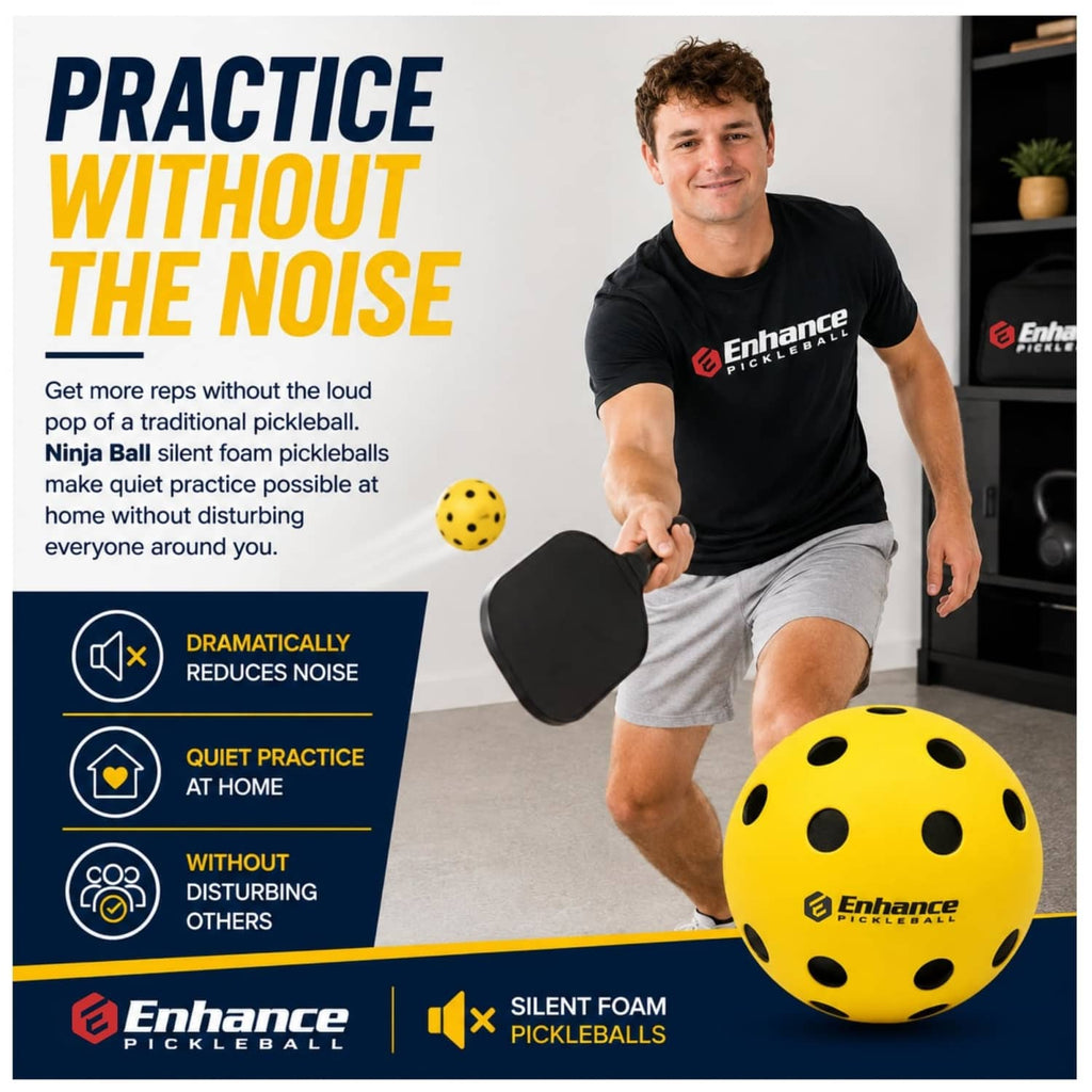 Yellow silent foam pickleball with black dots for quiet practice.