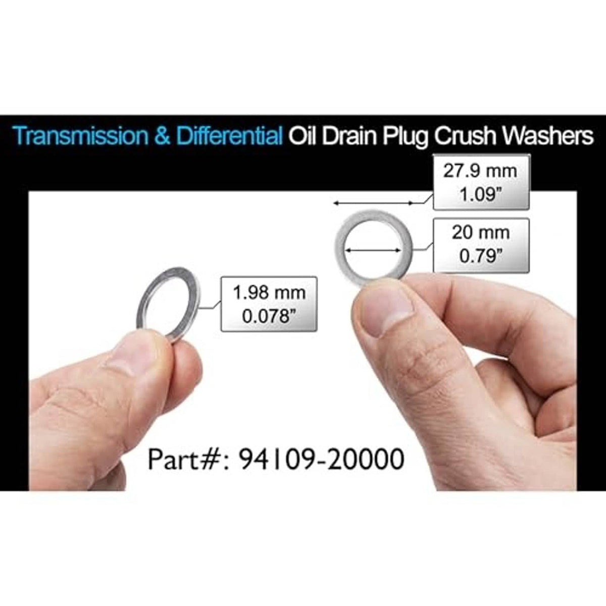 Transmission oil drain plug crush washers shown with size measurements and hands