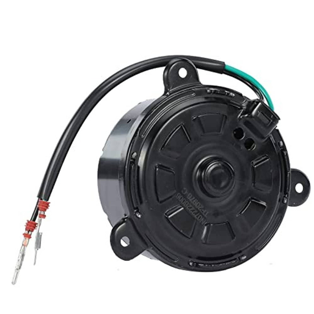 Radiator cooling fan motor with black housing and green-tinted wire harness