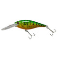 Green and gold crankbait fishing lure with black stripe pattern and three treble hooks.