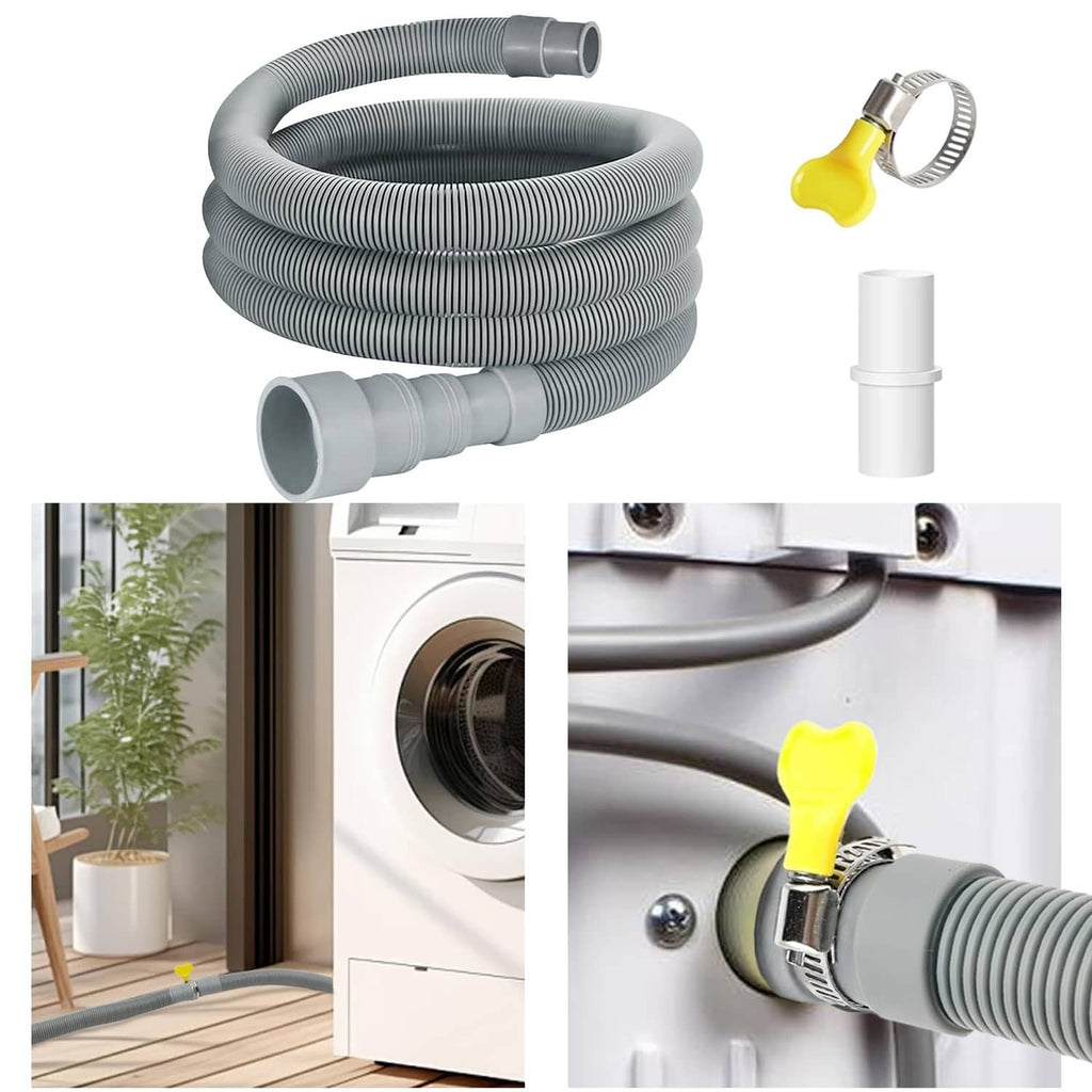Gray drain hose extension with coiled hose, white adapter piece, and yellow clamp rings