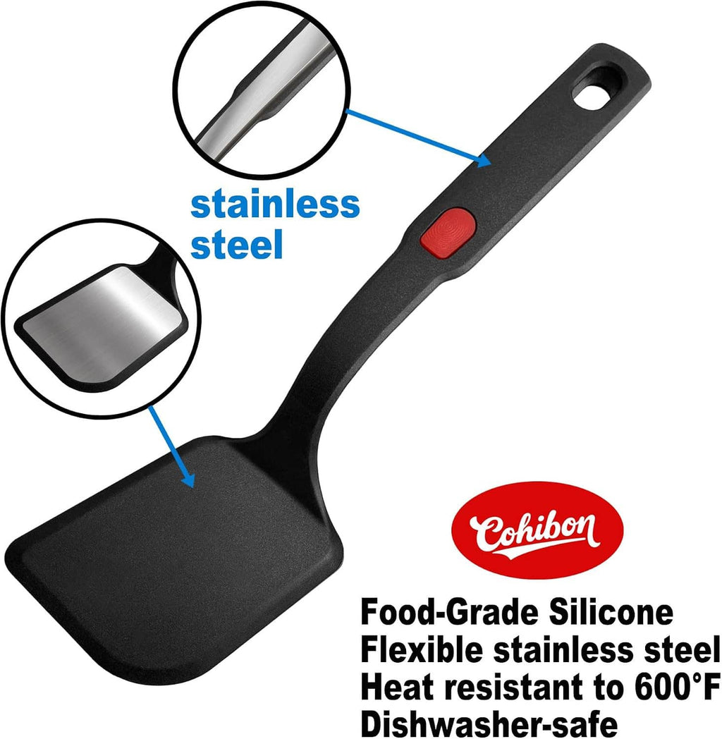 Silicone pancake spatula with visible stainless steel core, black head and red grip tab