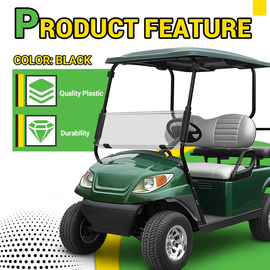 Black golf cart front fender flare on a green vehicle, driver-side profile