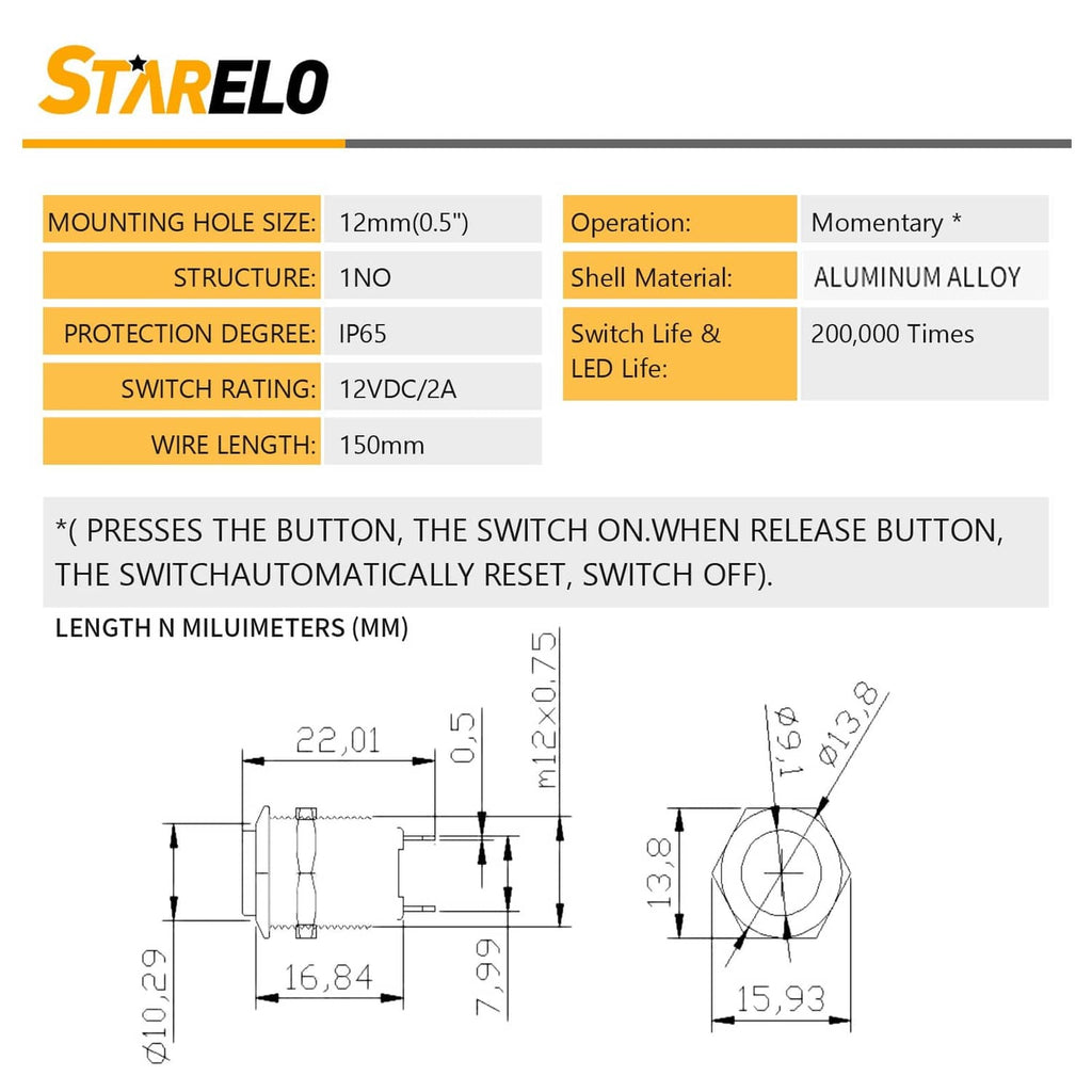 Momentary push button switch dimension diagram with mounting hole and wiring specs