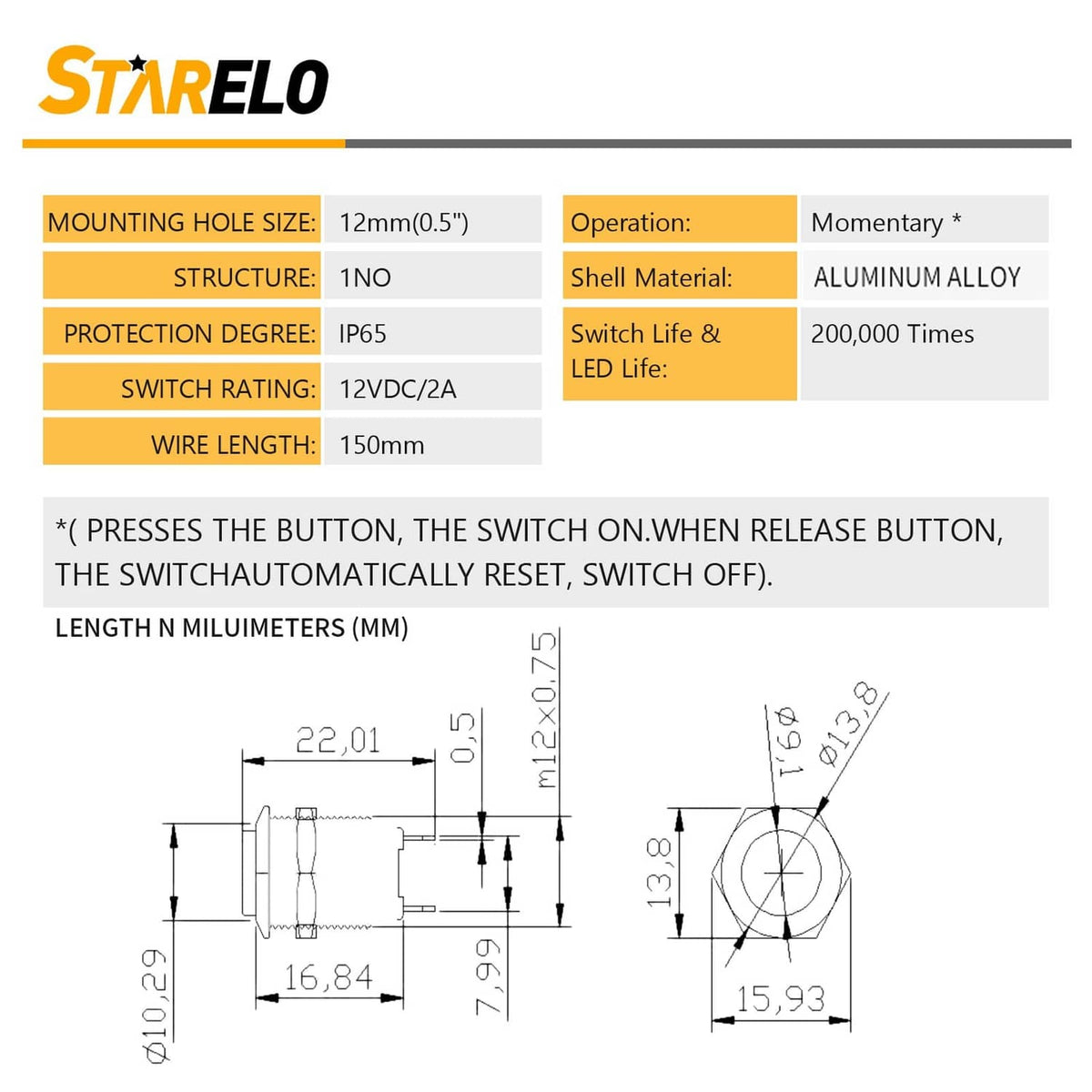 Momentary push button switch dimension diagram with mounting hole and wiring specs