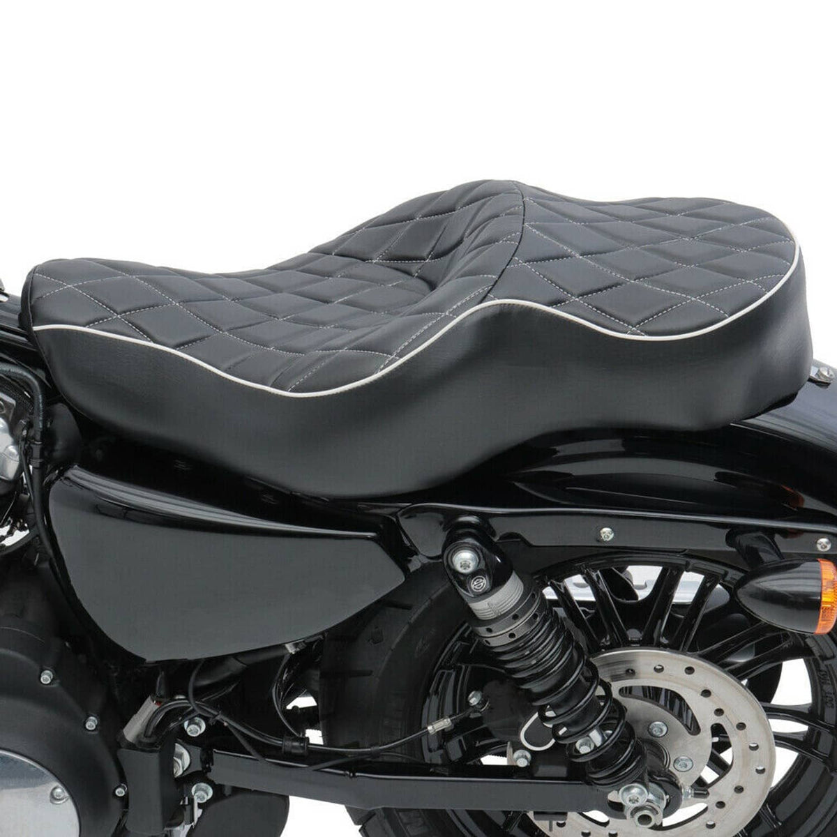 Two-up motorcycle seat cushion in black with diamond quilting and light piping
