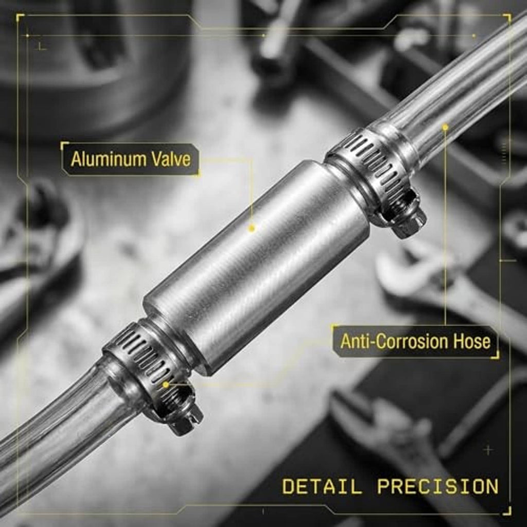 Brake bleeder hose close-up with aluminum valve and anti-corrosion hose