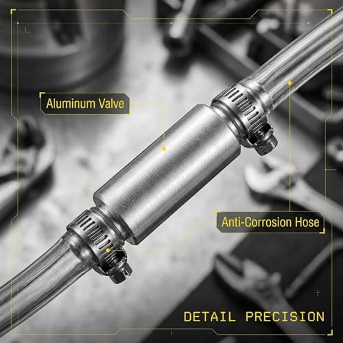 Brake bleeder hose close-up with aluminum valve and anti-corrosion hose