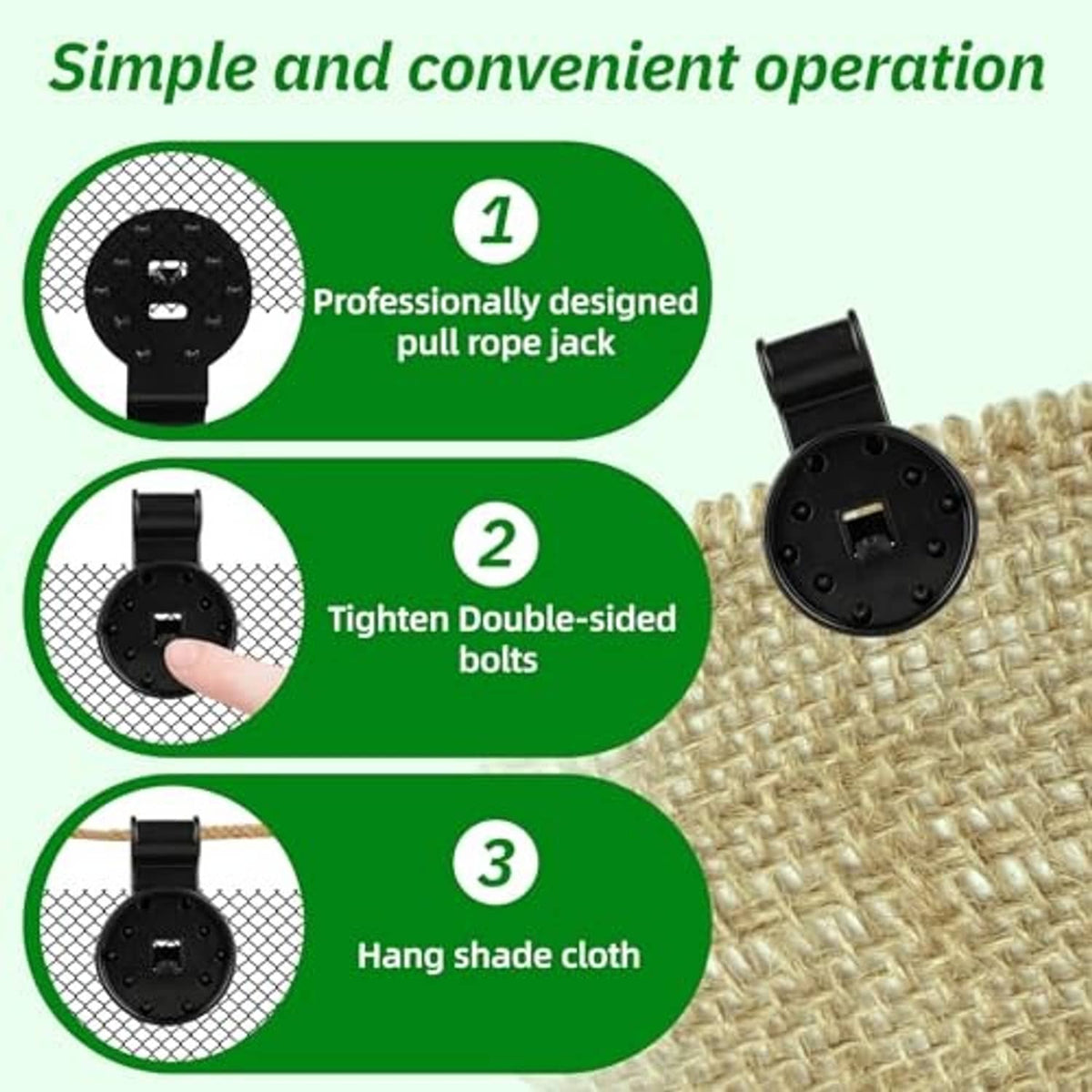 Black shade net clip showing circular base and tightening bolts on fabric
