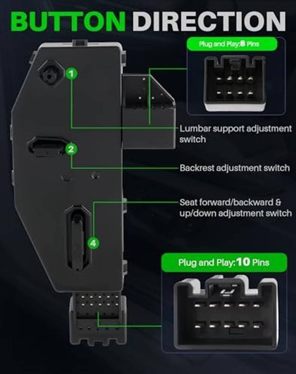 Power seat control switch diagram showing button functions and plug connections