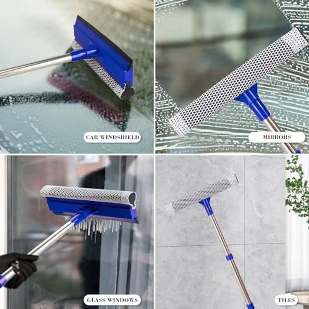 Retractable blue squeegee used on car windshield glass to remove water and streaks