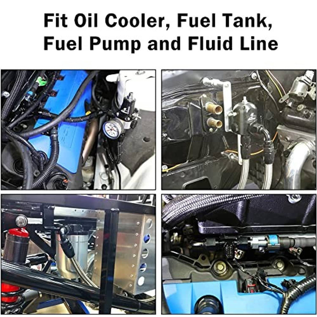 Fuel system adapter installed near fuel pump and fluid lines in engine bay