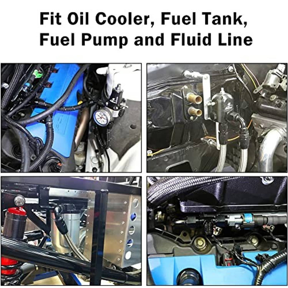 Fuel system adapter installed near fuel pump and fluid lines in engine bay
