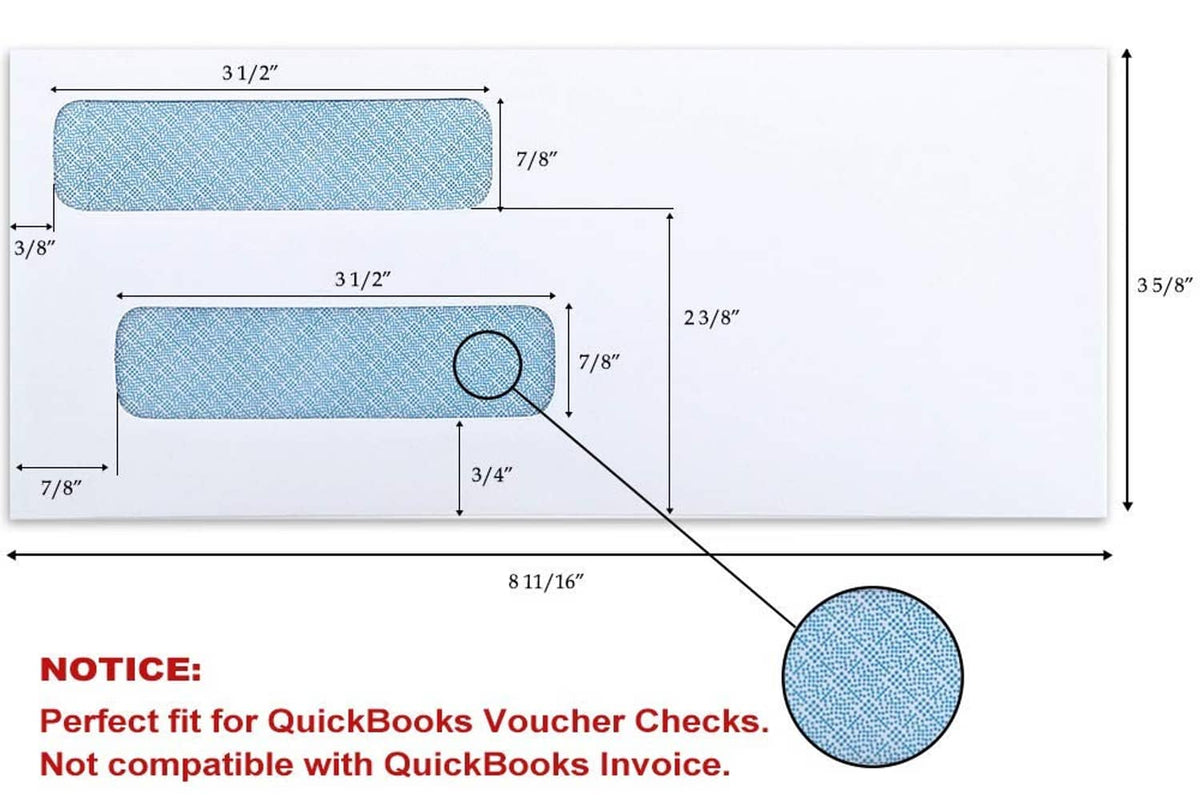 ValBox double-window envelopes with two blue patterned windows and size diagram