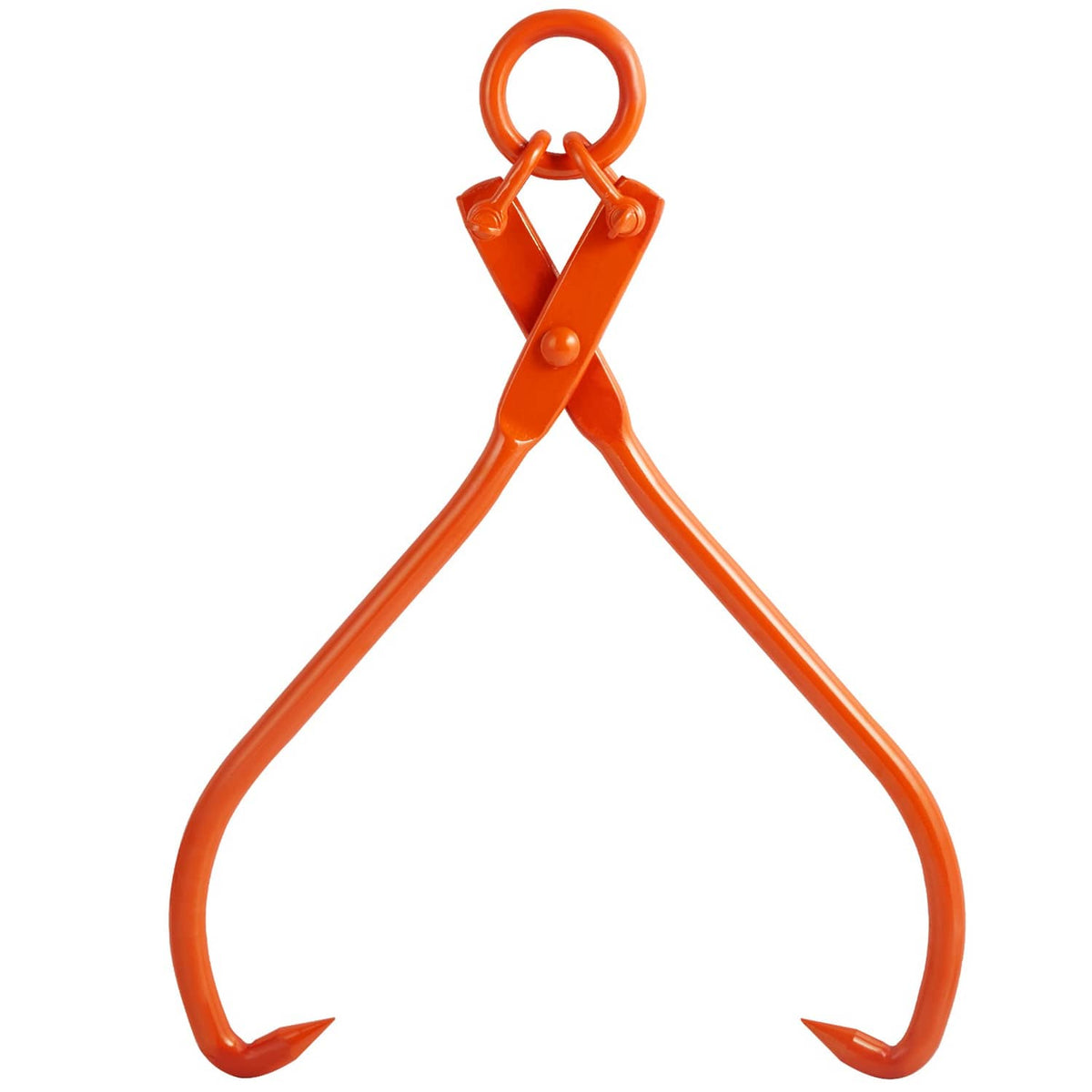 Orange 2-claw log skidding lifting tongs with hanging loop handle