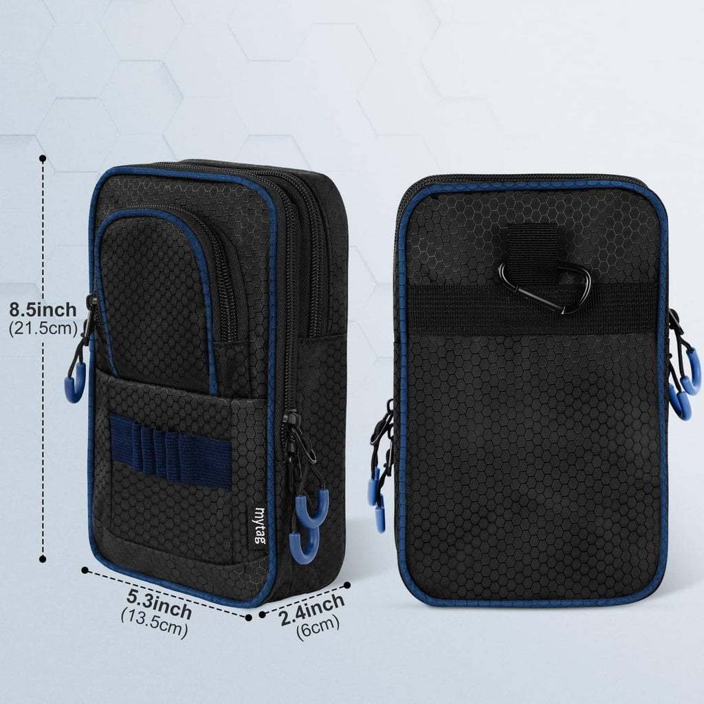 Golf ball bag with dual zip compartments and blue trim, side hook and carry loop