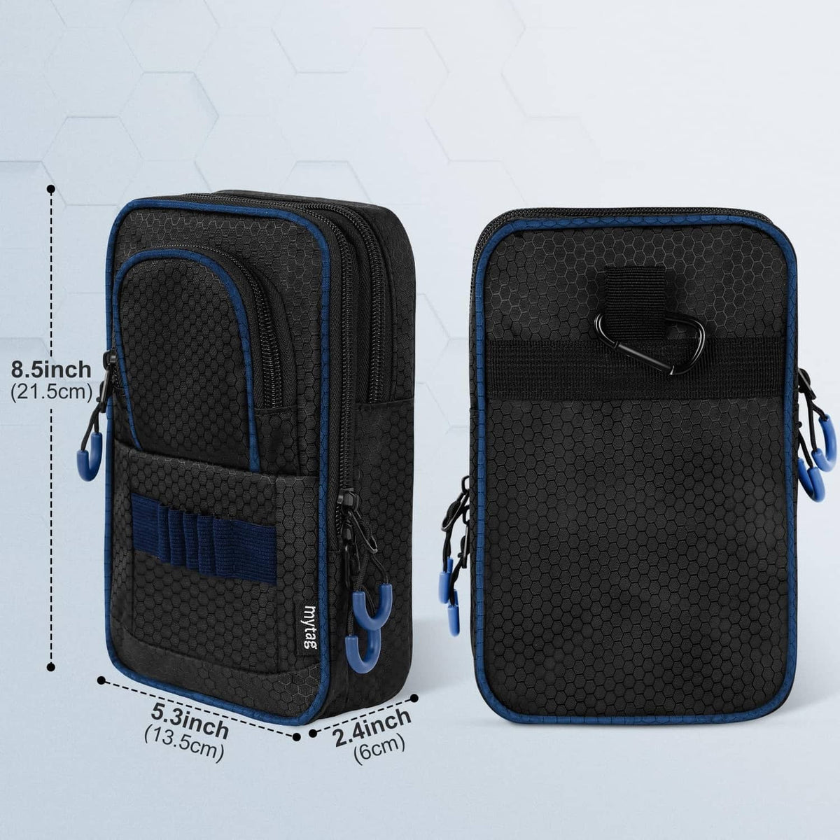 Golf ball bag with dual zip compartments and blue trim, side hook and carry loop
