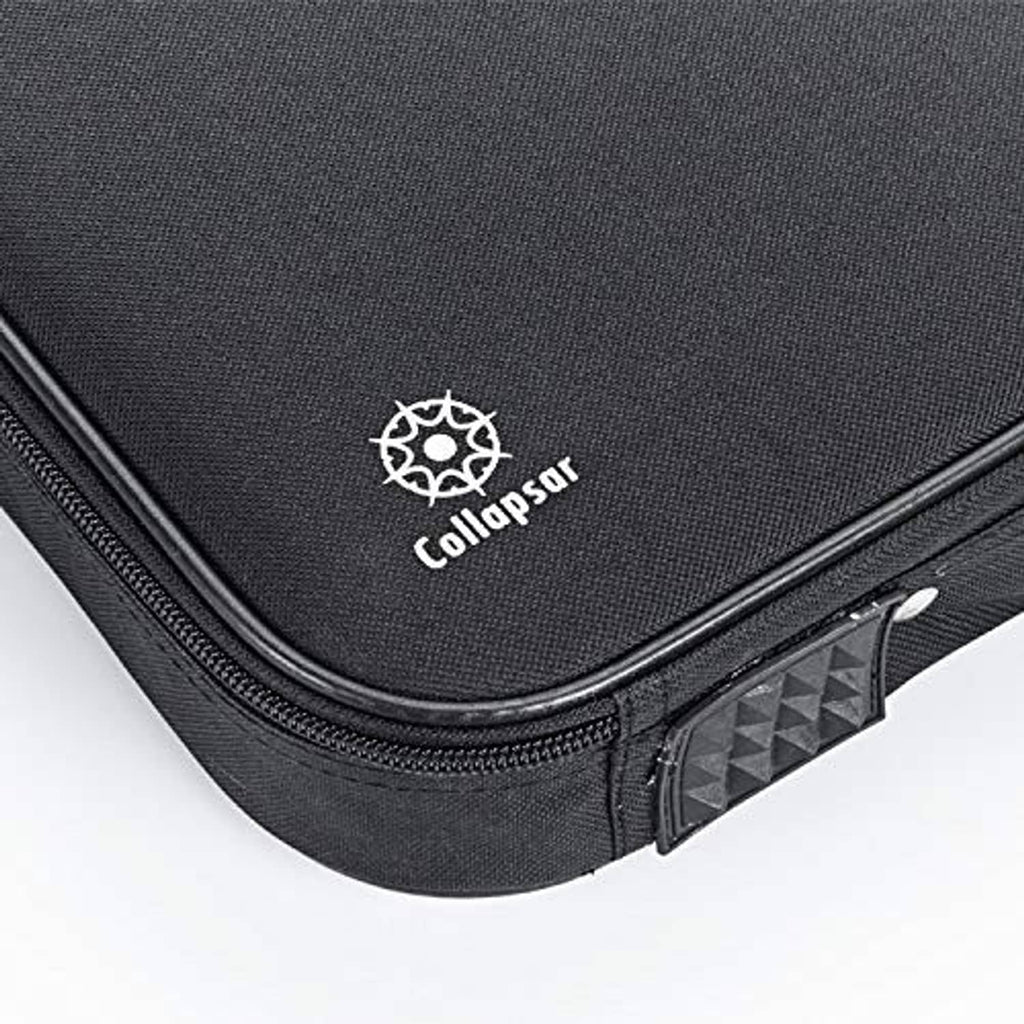 Black fabric carrying case with Collapsar logo and rounded zipper edge