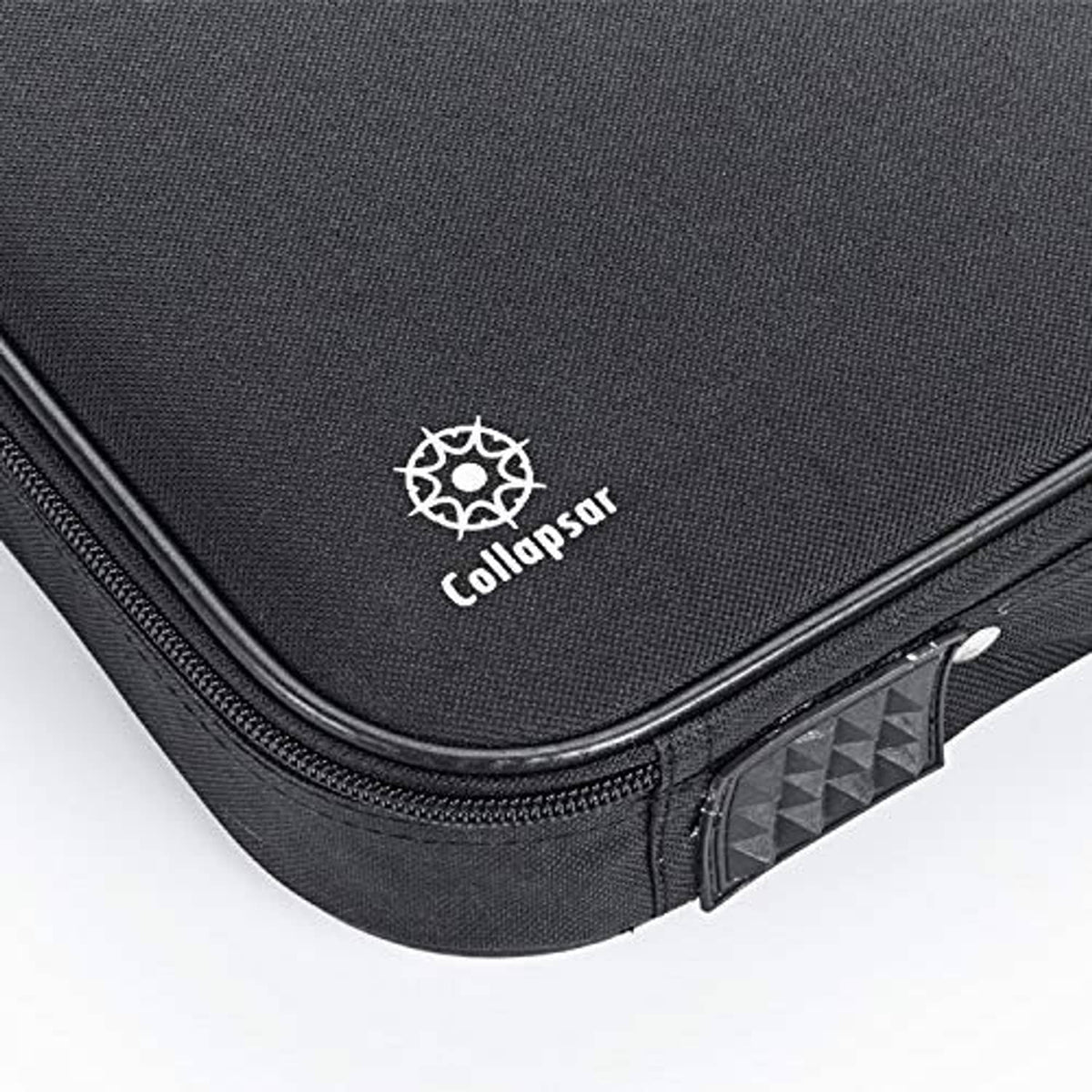 Black fabric carrying case with Collapsar logo and rounded zipper edge