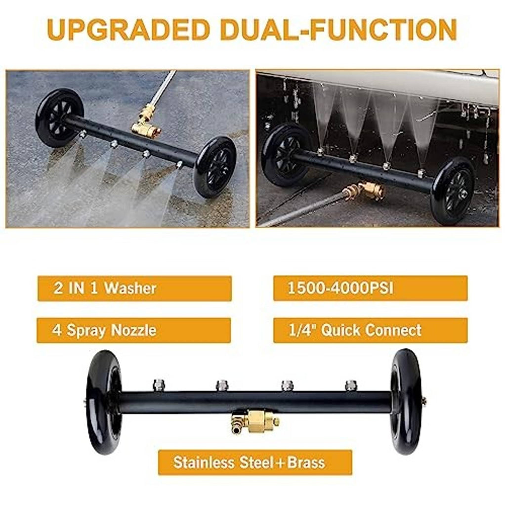 Dual-function undercarriage pressure washer attachment with dual spray nozzles and quick-connect