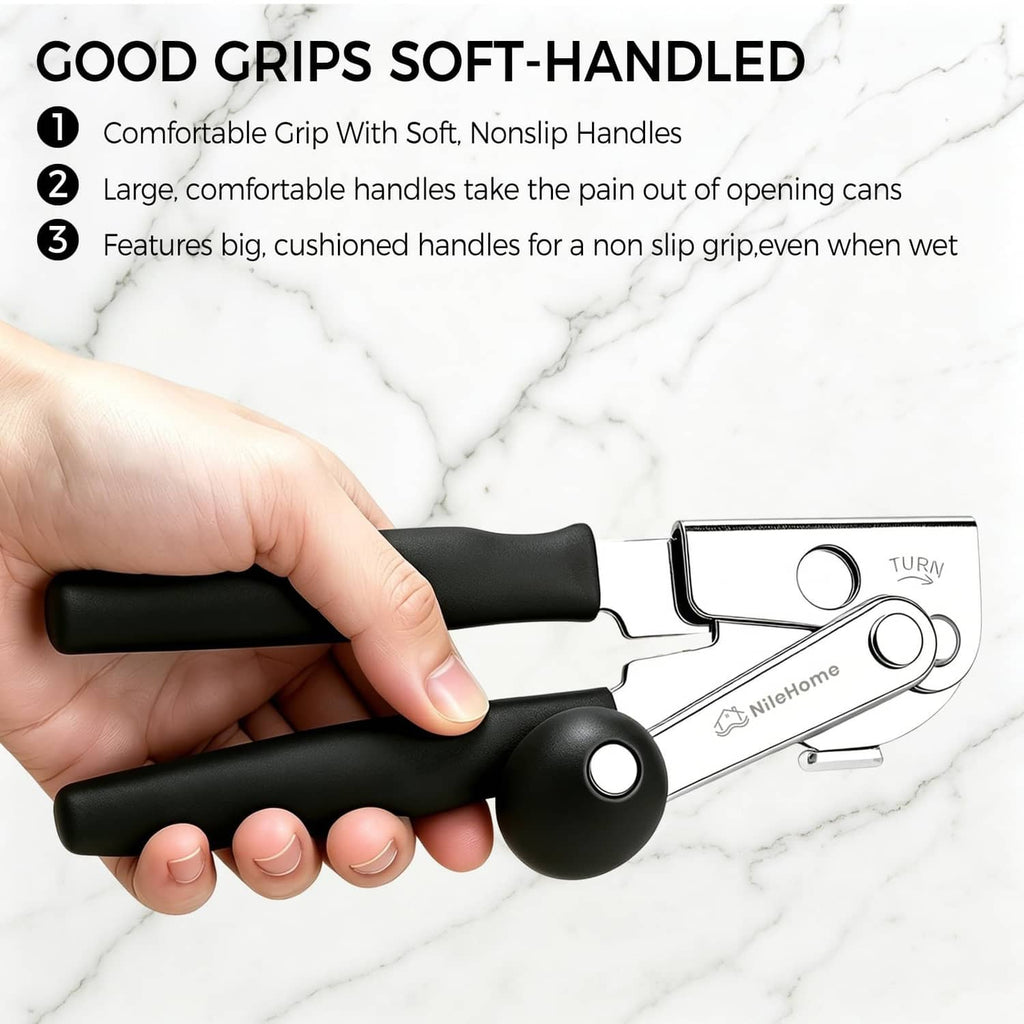 Black soft-grip hand crank can opener showing circular lift knob and handle