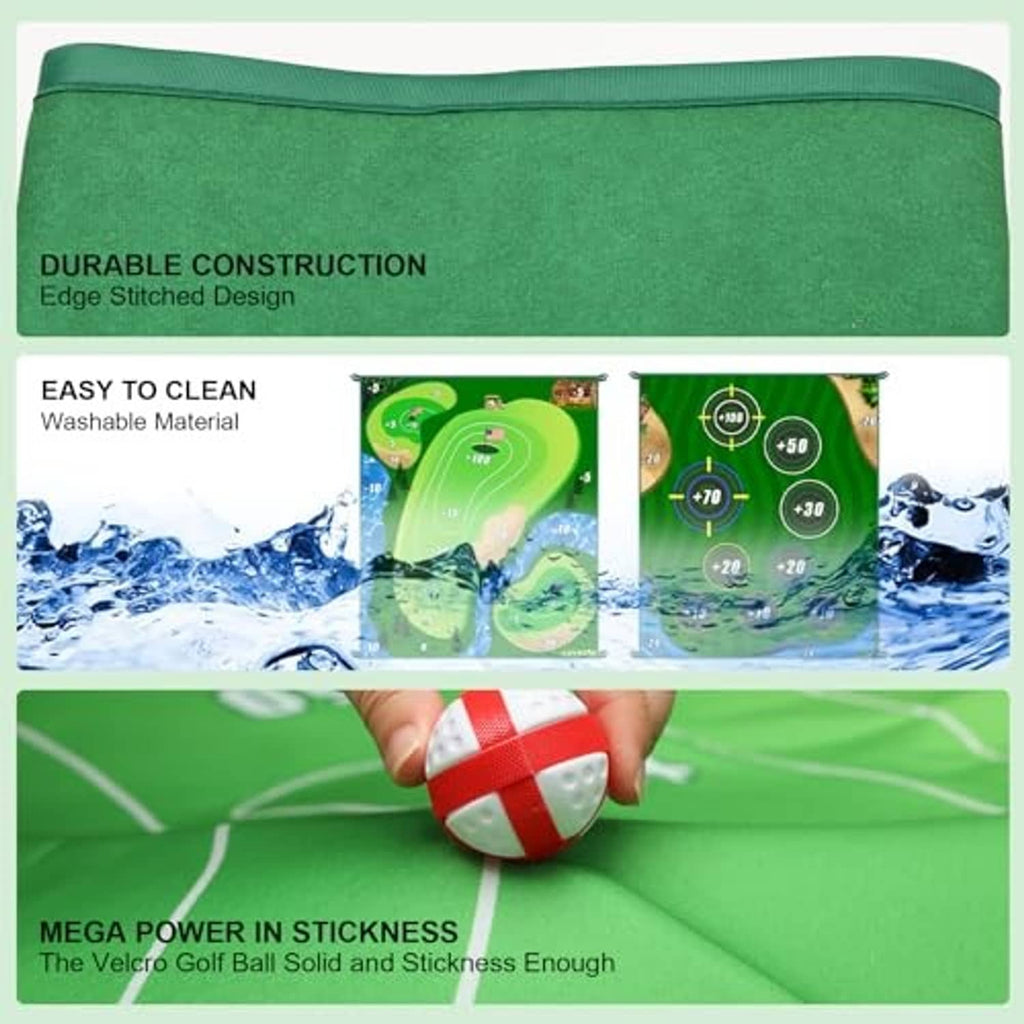 Green double-sided golf practice mat with cleaning and material panels shown