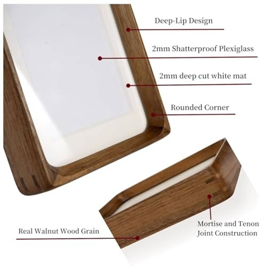 Walnut wood picture frame detail with rounded corner, deep mat, and clear plexiglass cover