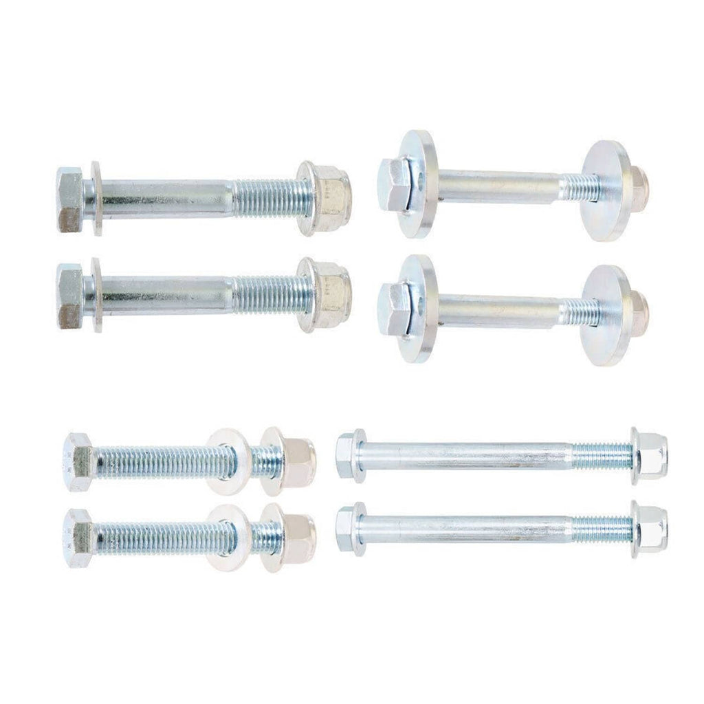Front control arm cam bolt hardware kit: six silver bolts with hex nuts and washers