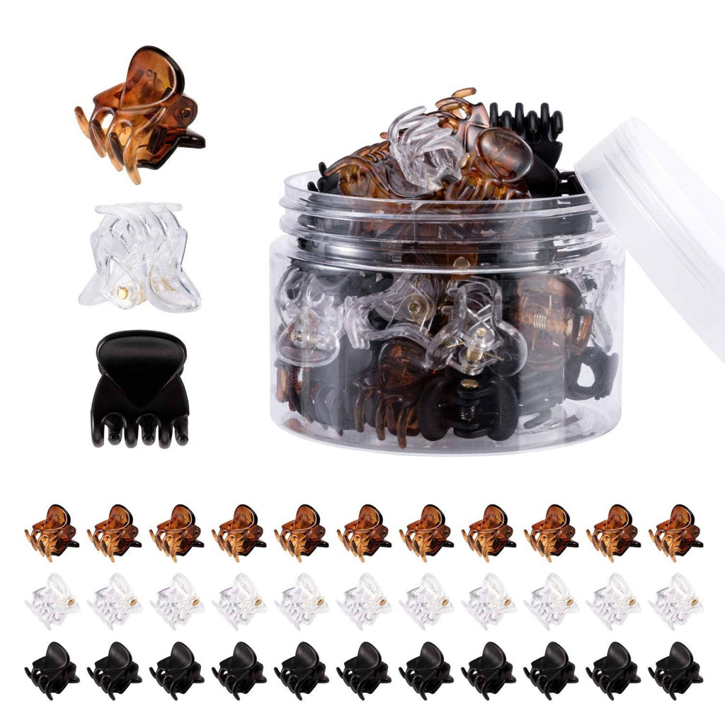 36-piece mini claw hair clips set in clear container: brown, white, black