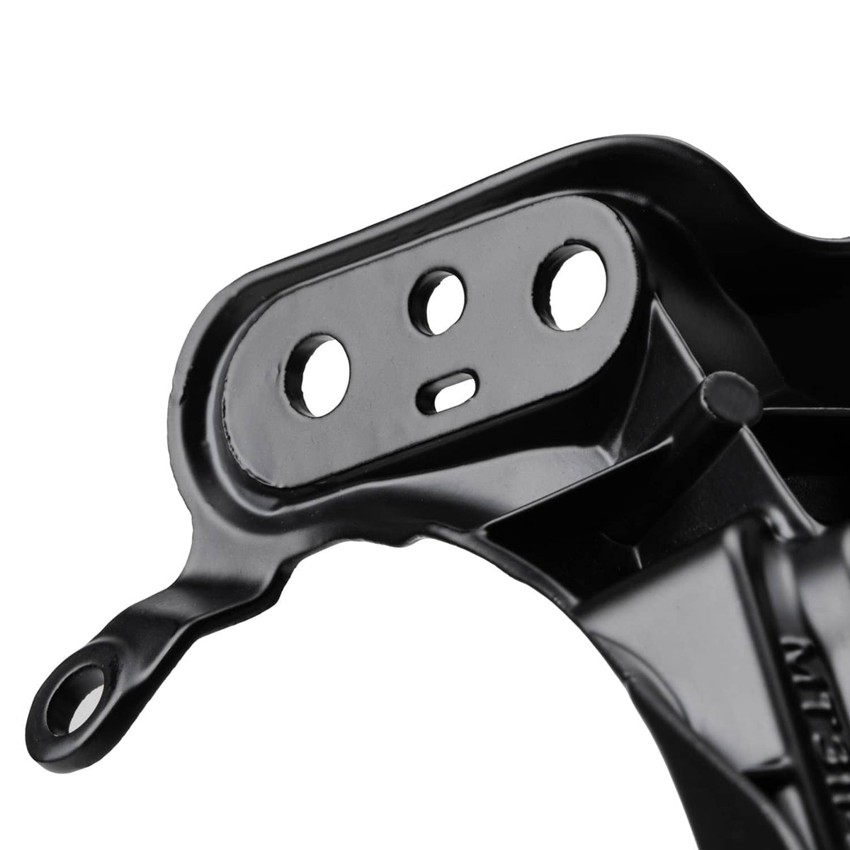 Black metal bracket plate with three mounting holes and curved support arm