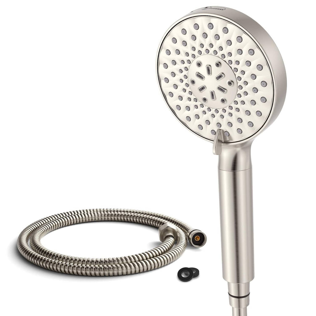 Brushed nickel handheld shower head with flexible stainless hose and mounting base
