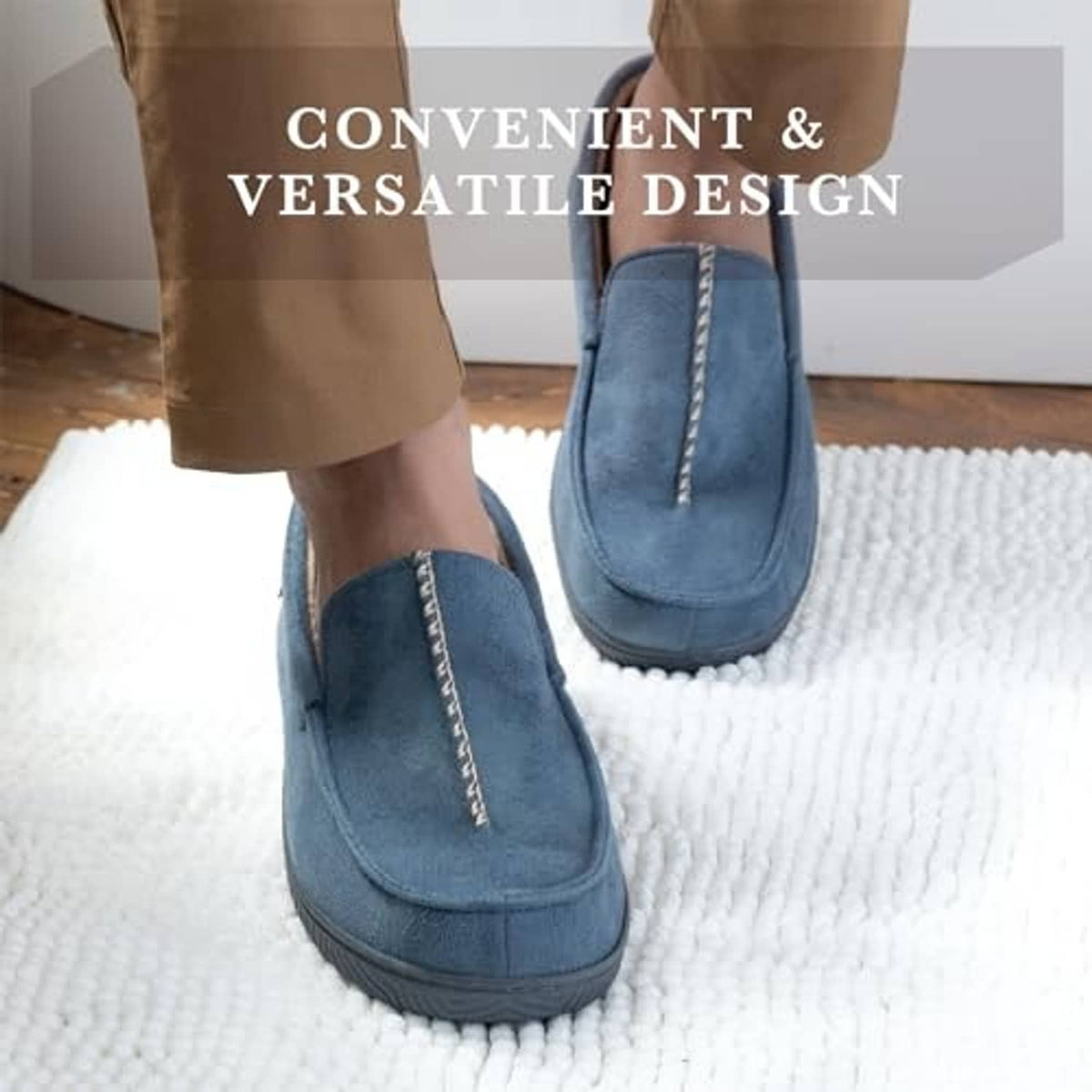 Blue moccasin slippers with low-profile rubber sole, worn indoors