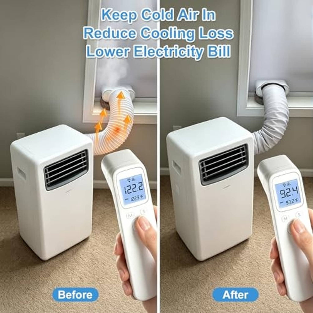 Light gray padded AC exhaust hose cover, installed on portable air conditioner hose
