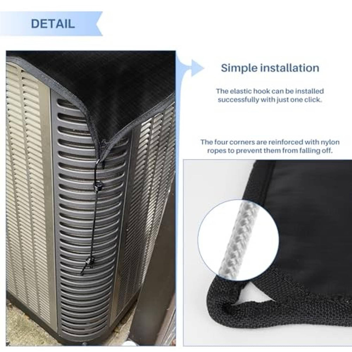 Black AC unit cover corner detail with elastic straps and reinforced reinforced ties
