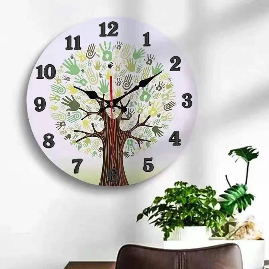 Decorative wall clock with tree artwork, black hands, and numeric marks 1 to 12