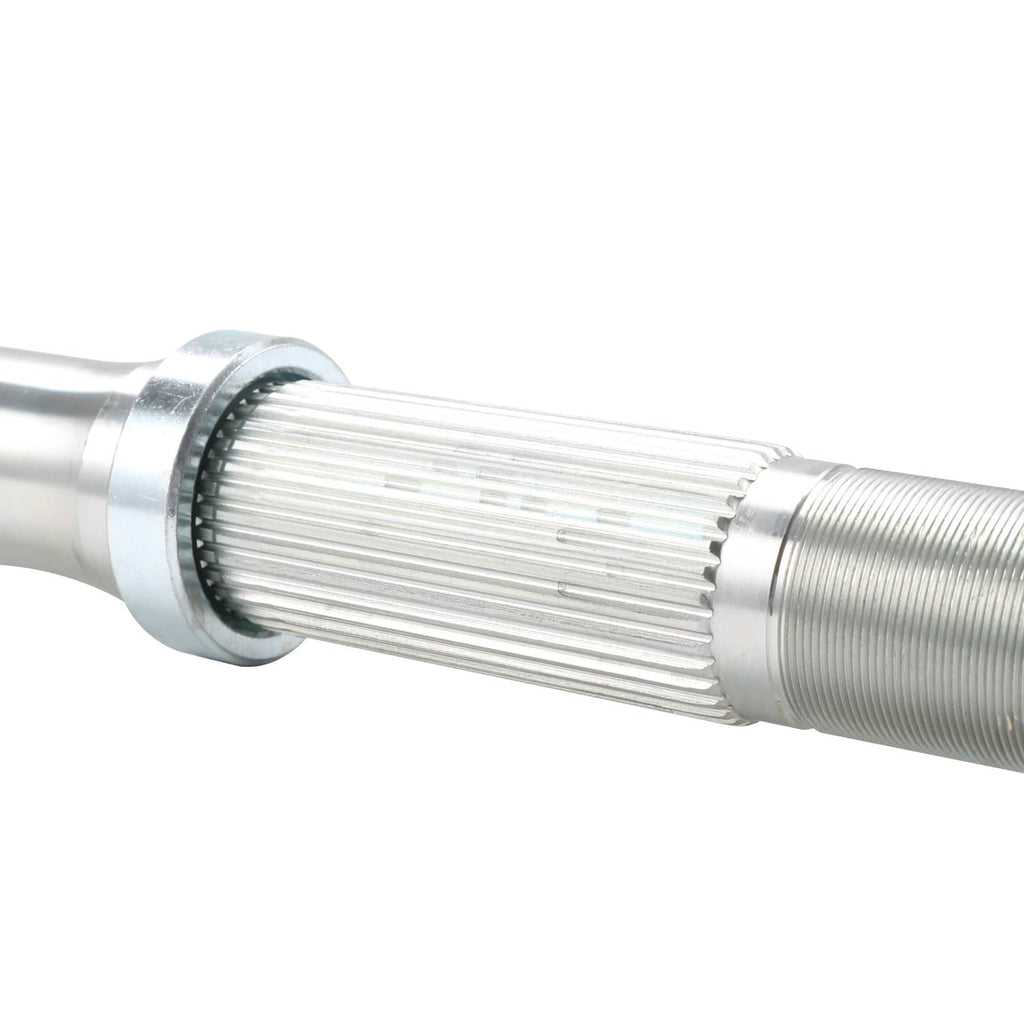 Rear axle shaft with ribbed section and threaded end for hub
