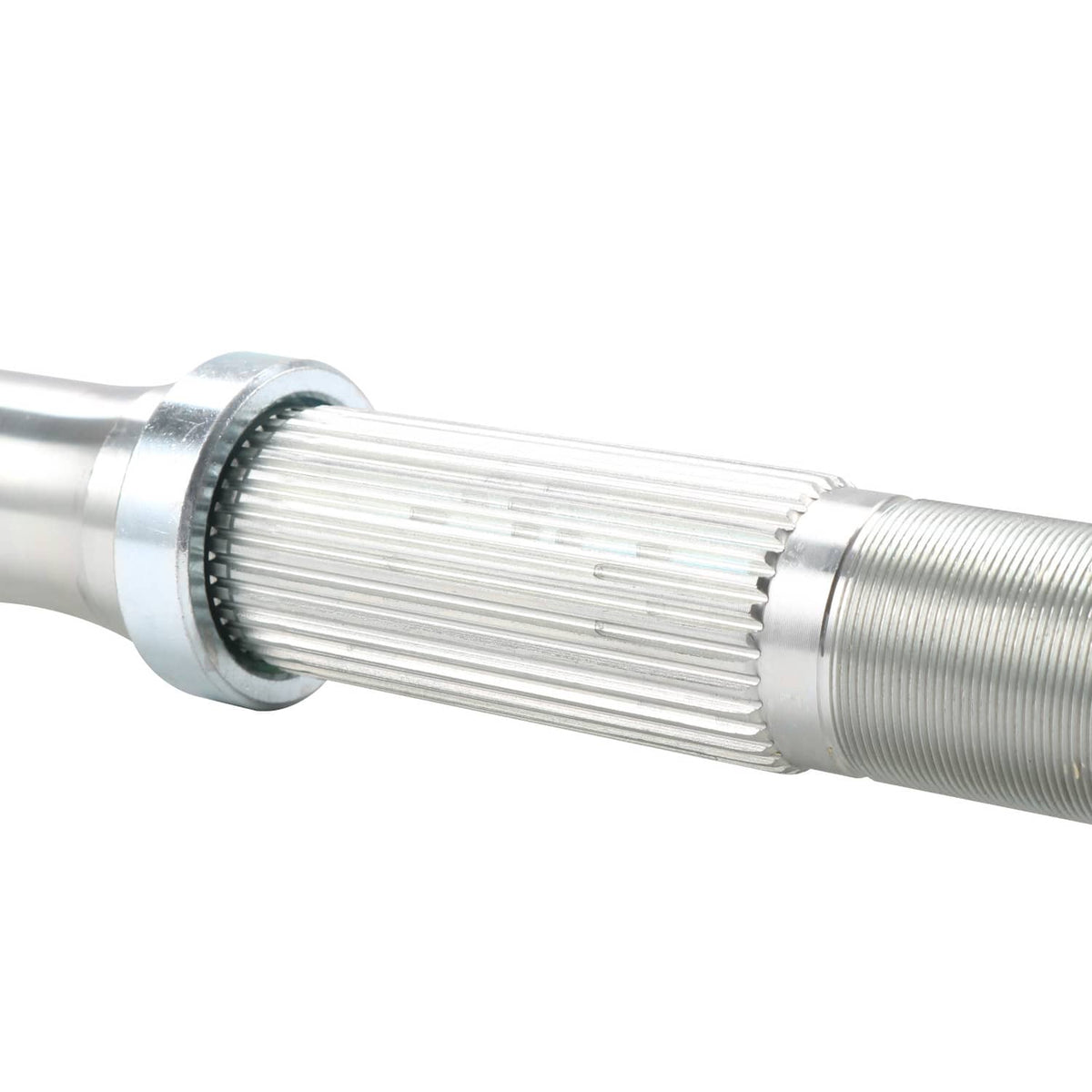 Rear axle shaft with ribbed section and threaded end for hub