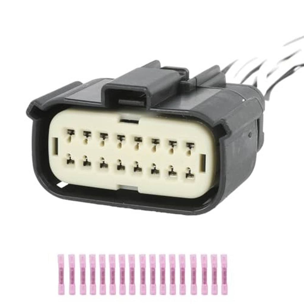 16-pin headlight connector plug with beige face and black housing, angled front view