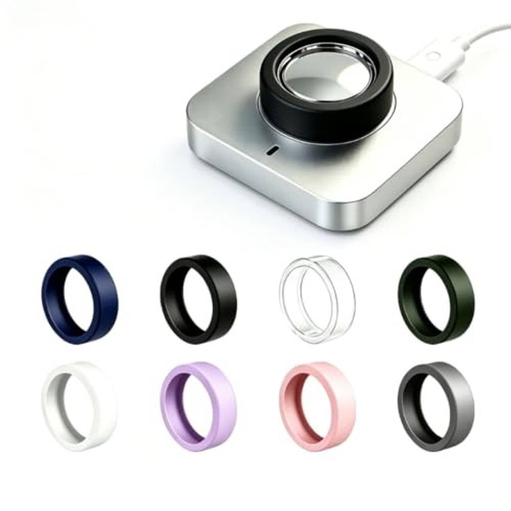 8-pack silicone ring covers laid out in assorted colors with charging cradle