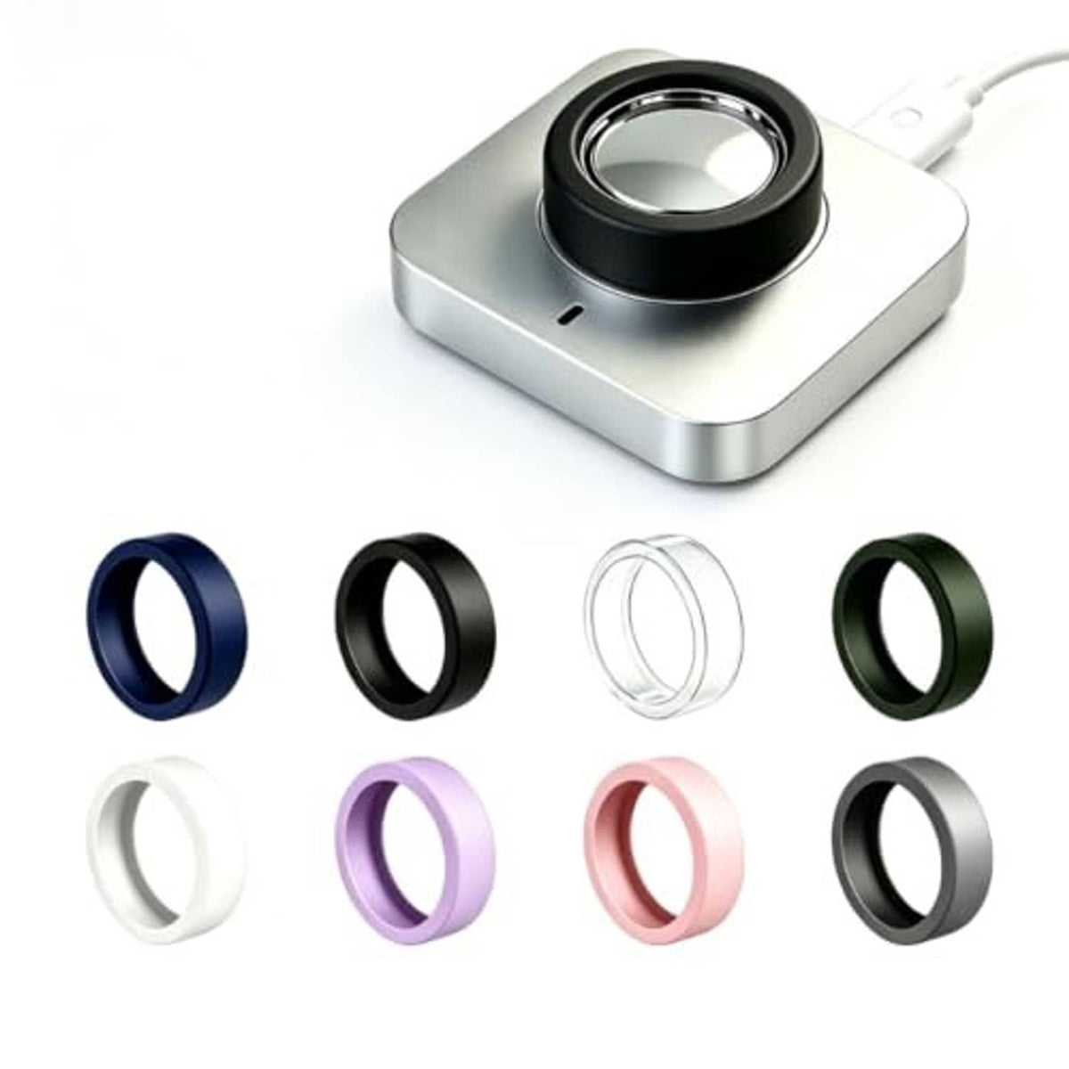 8-pack silicone ring covers laid out in assorted colors with charging cradle