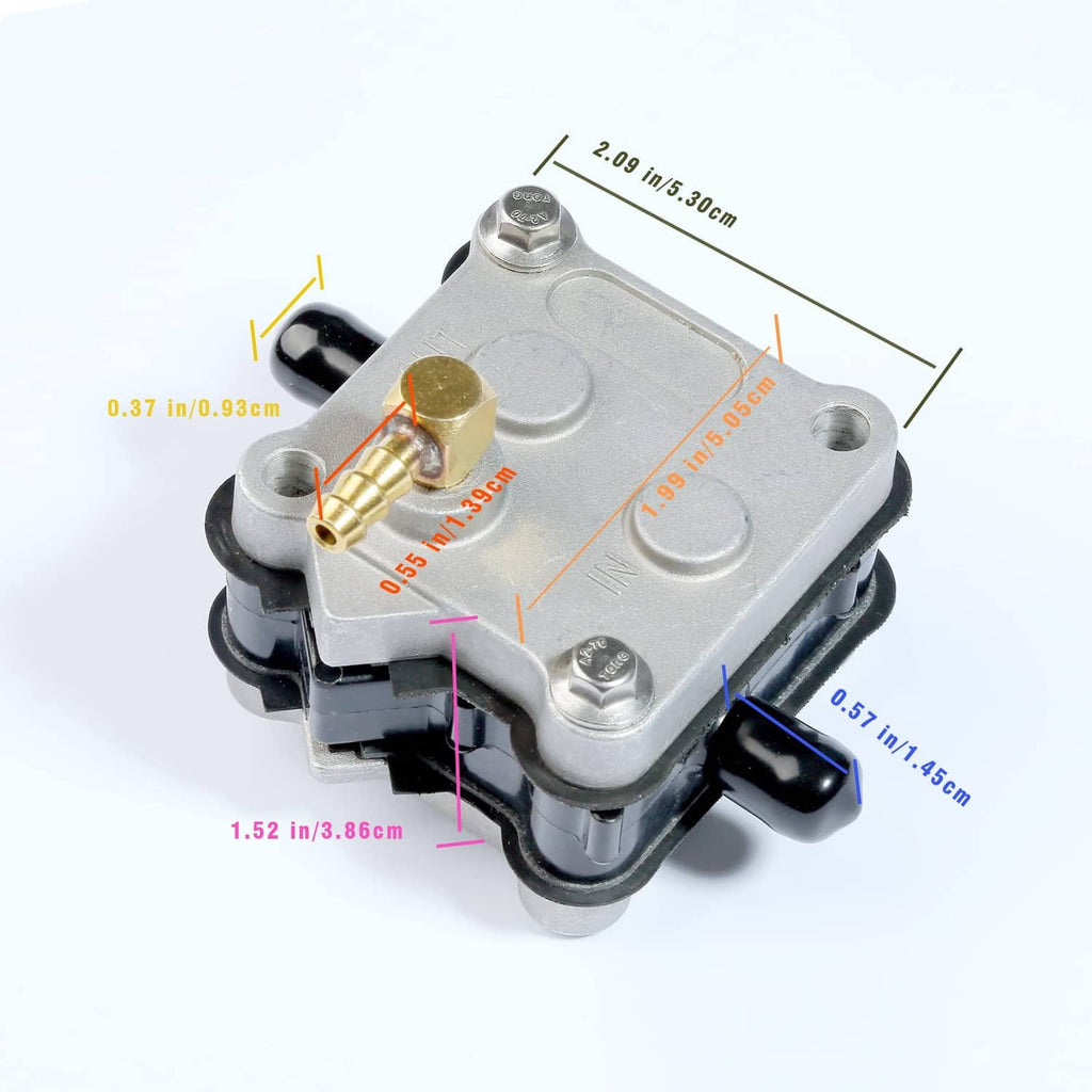 Silver fuel pump with brass fitting and black hose ports, detailed close-up view.