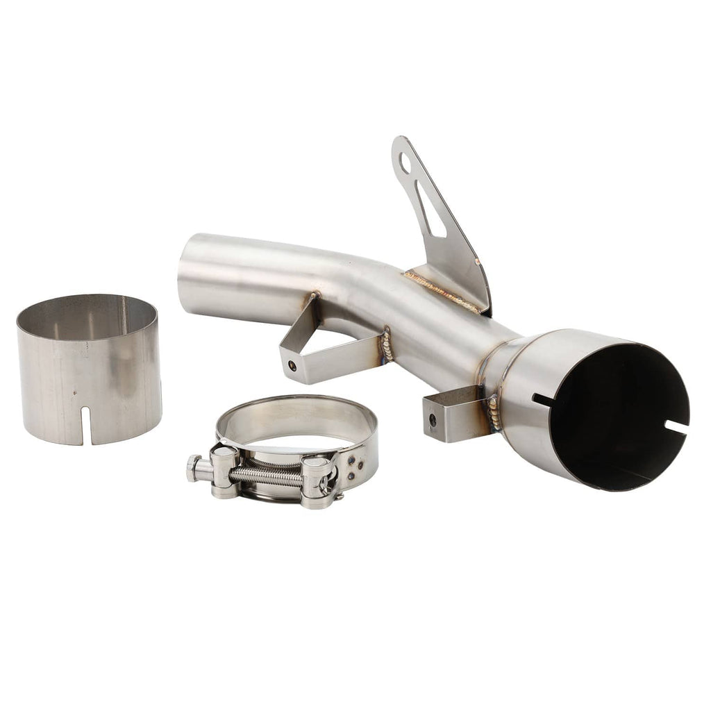 Motorcycle exhaust mid link pipe kit with bracket, end sleeve pieces and clamp ring