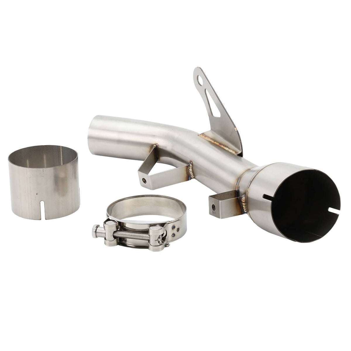 Motorcycle exhaust mid link pipe kit with bracket, end sleeve pieces and clamp ring