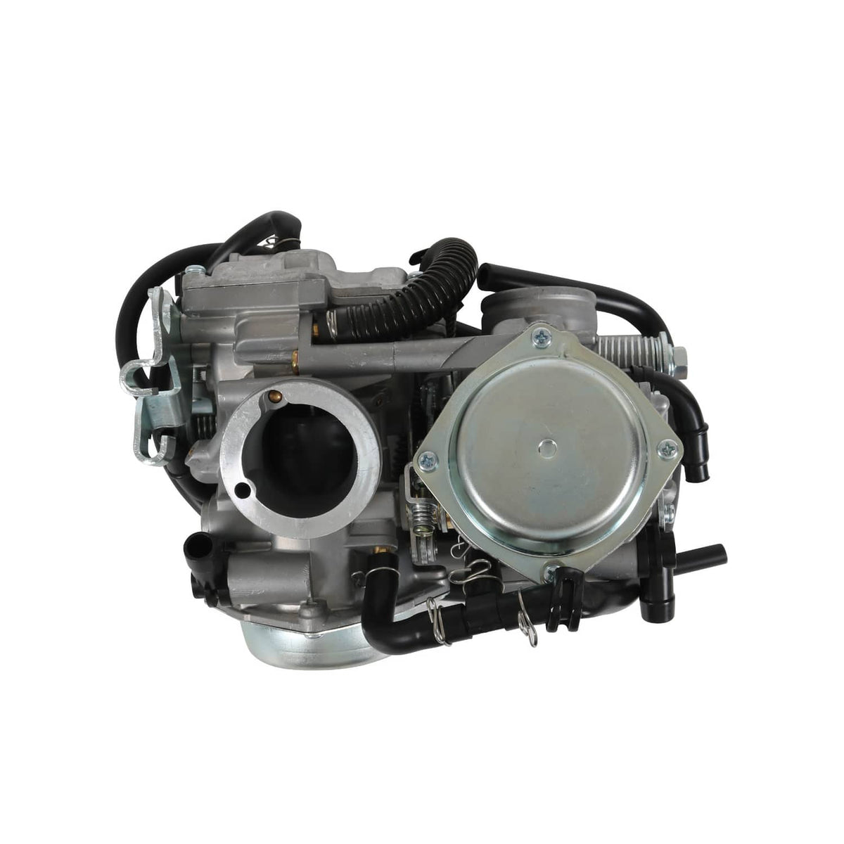 Carburetor assembly front view with round throttle cover and intake port