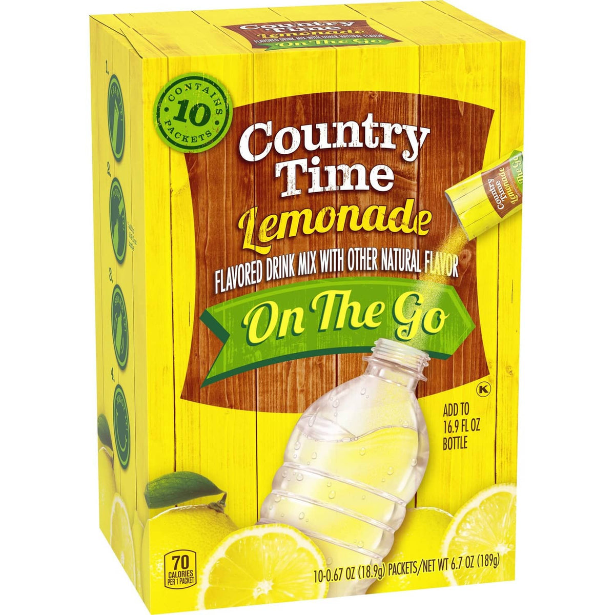 Country Time lemonade powdered drink mix box front with bottle insert and lemon graphics