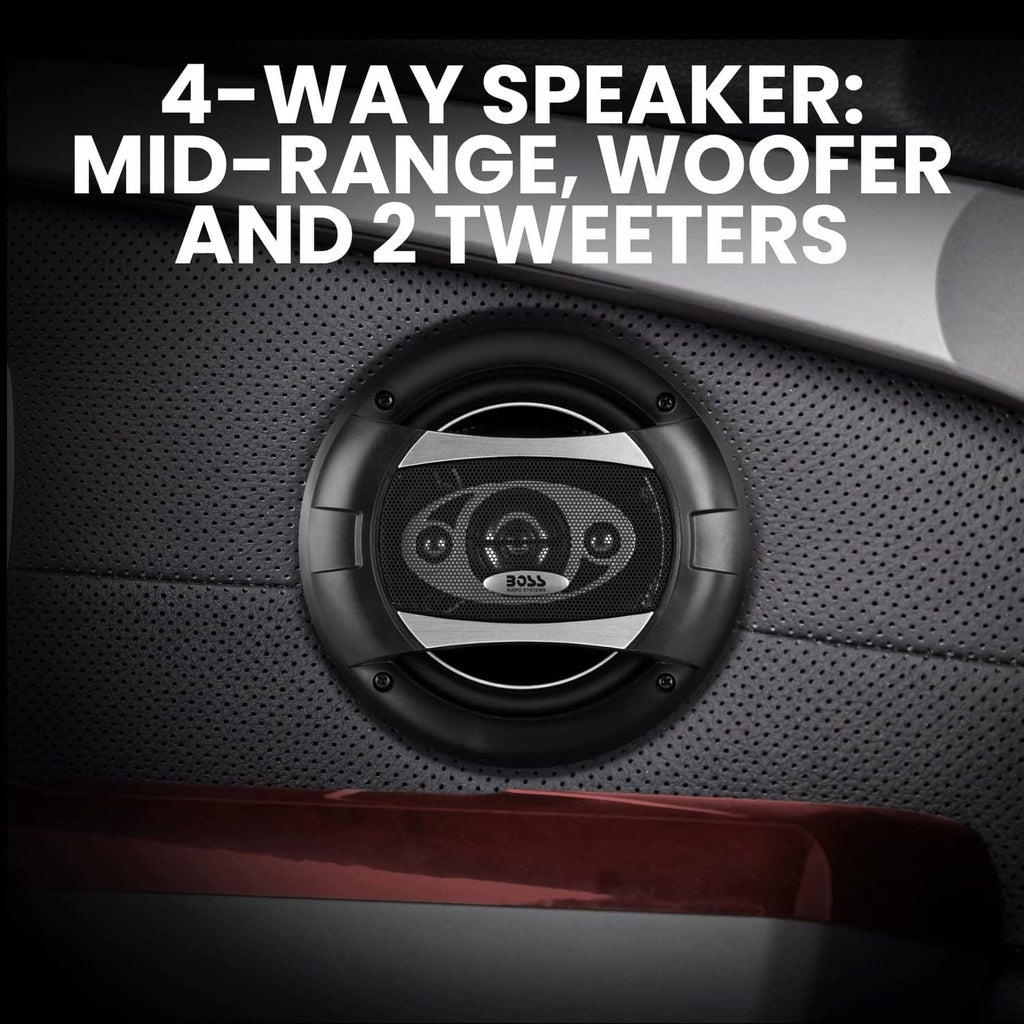 Black 6.5-inch car door speaker with grille, shown installed in a panel