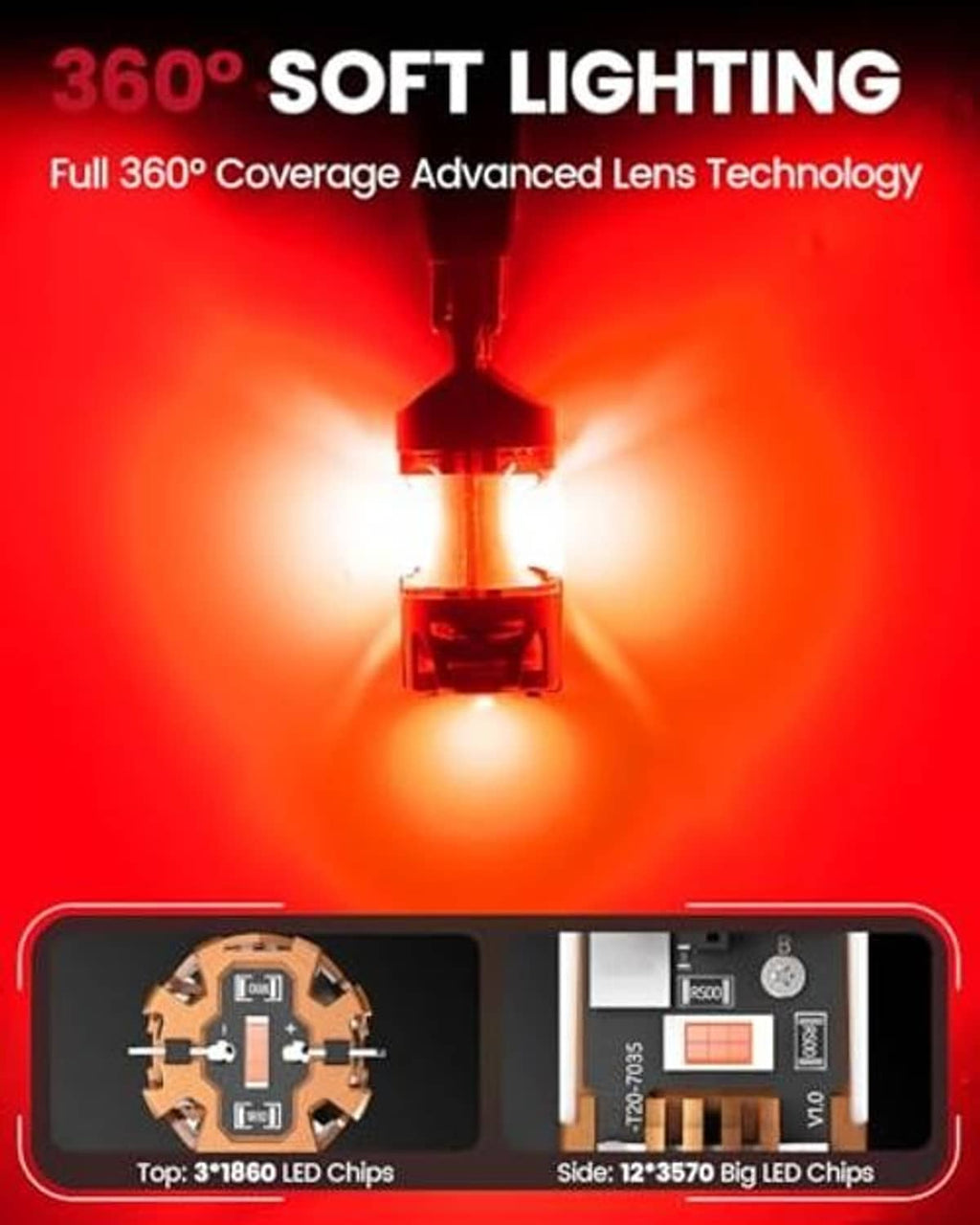 LED brake light bulb with bright red glow and lens shown for wide coverage