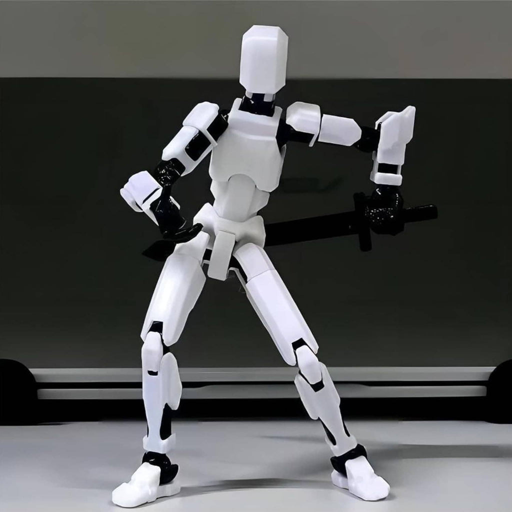 White articulated robot action figure posed with black weapon accessories