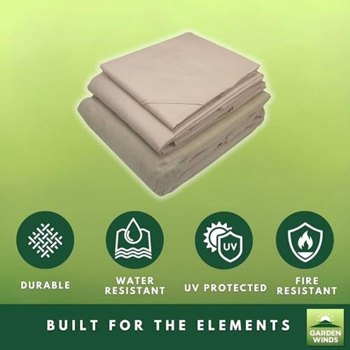 Beige canopy fabric stack with water resistant, UV protected, and fire resistance icons