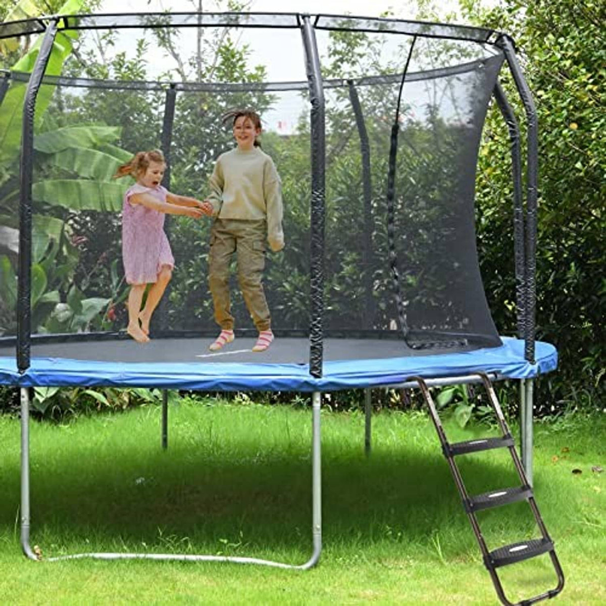 Trampoline with built-in ladder featuring three wide, non-slip steps